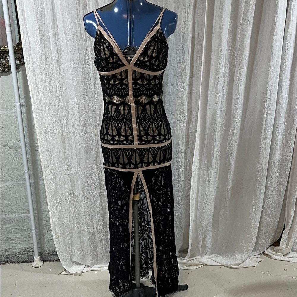 Chic Black Lace Dress with Nude Accents